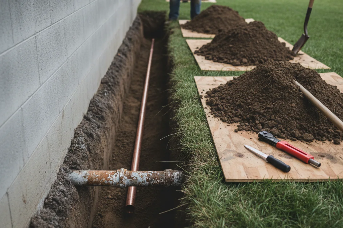 Excavated water line trench during Sewer Line Repair in Raleigh
